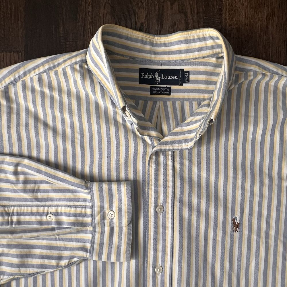 RALPH LAUREN YARMOUTH Men's Shirt SZ 17.5-36 Striped Blue Yellow Pony L/S Button